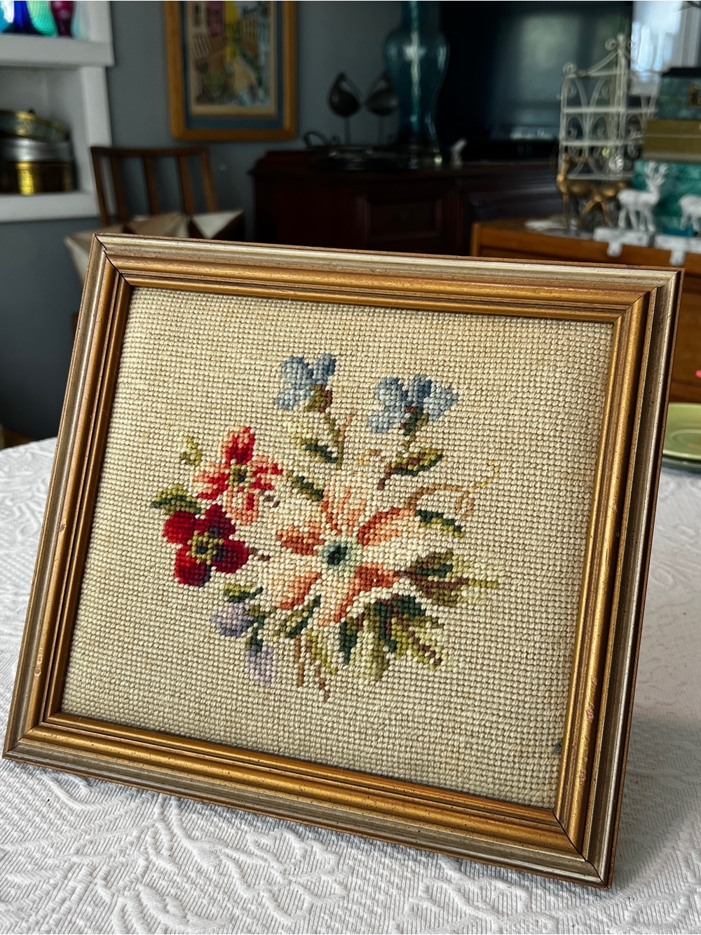 Floral Needlepoint Embroidered Framed Wall Art VTG Cottage Muted Flowers Tan